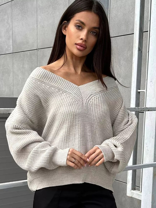 Női oversized V-nyakú kötött pulóver, laza szabású, plusz méret