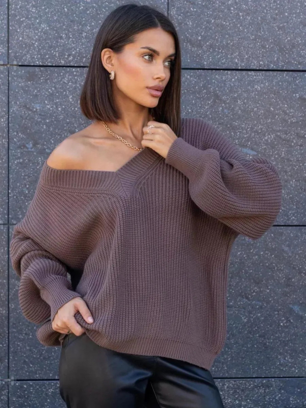Női oversized V-nyakú kötött pulóver, laza szabású, plusz méret