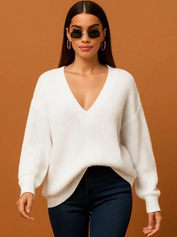 Női oversized V-nyakú kötött pulóver, laza szabású, plusz méret