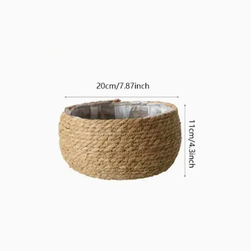 Set de ghivece lucrat manual din fibre vegetale: două ghivece rotunde și coșuri din ratan și bambus