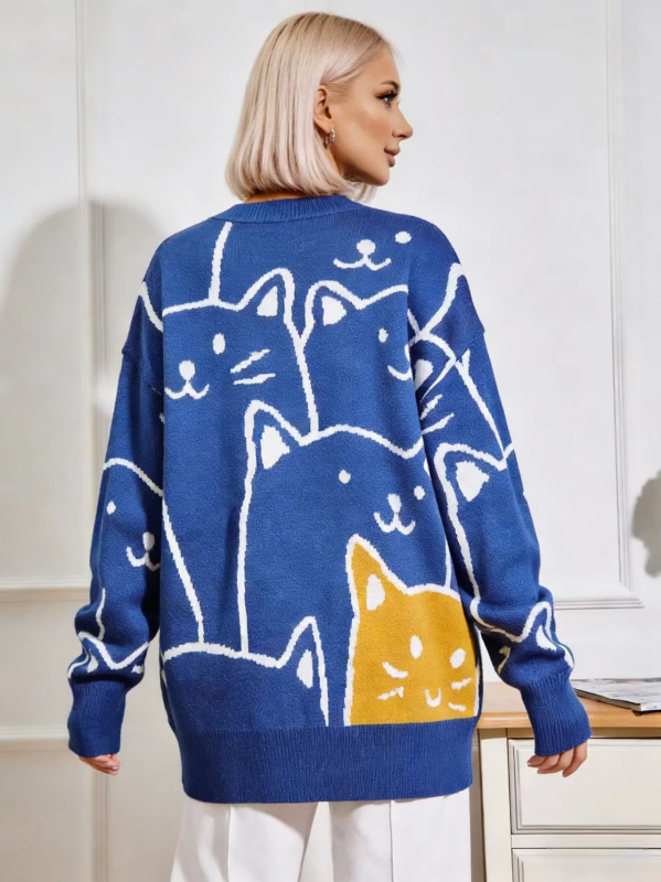 Macskás mintás kötött pulóver, oversized, hosszú fazon