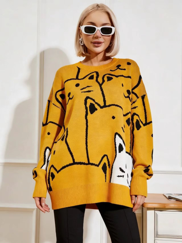 Macskás mintás kötött pulóver, oversized, hosszú fazon