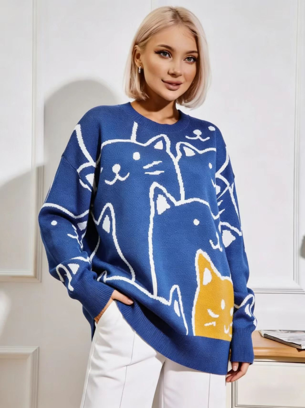 Macskás mintás kötött pulóver, oversized, hosszú fazon