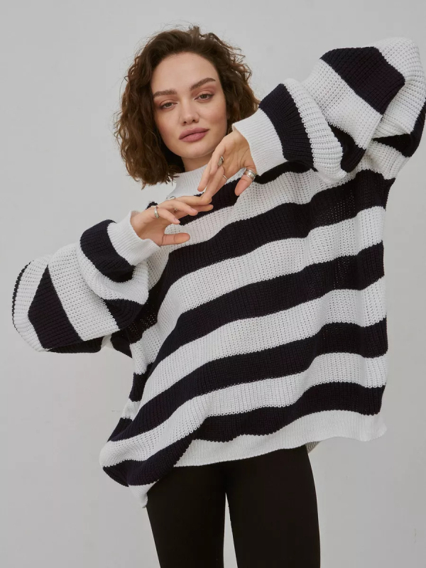 Női oversized csíkos kötött kapucnis pulóver