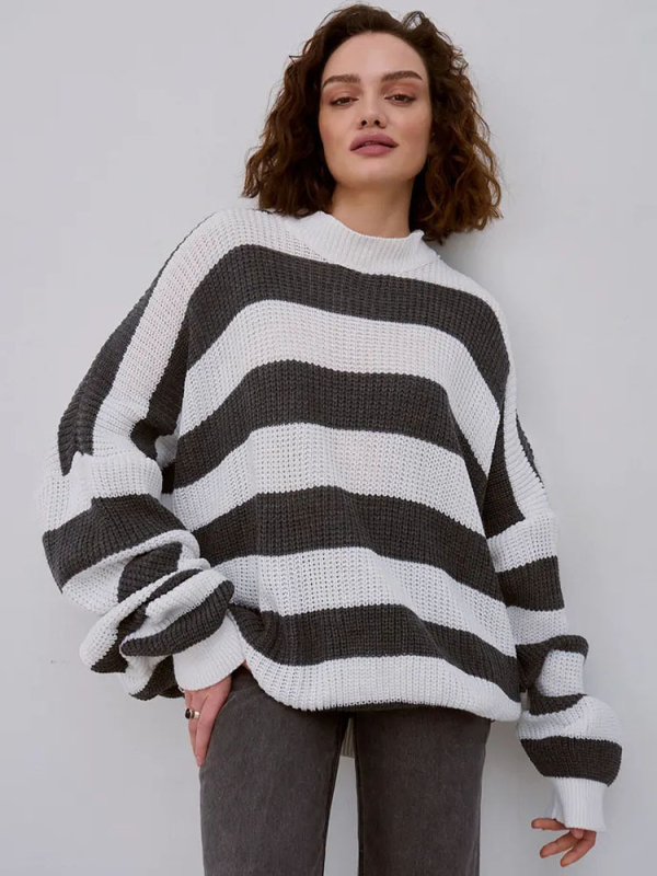 Női oversized csíkos kötött kapucnis pulóver