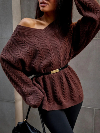 Női V-nyakú oversized pulóver, őszi-téli laza fazon