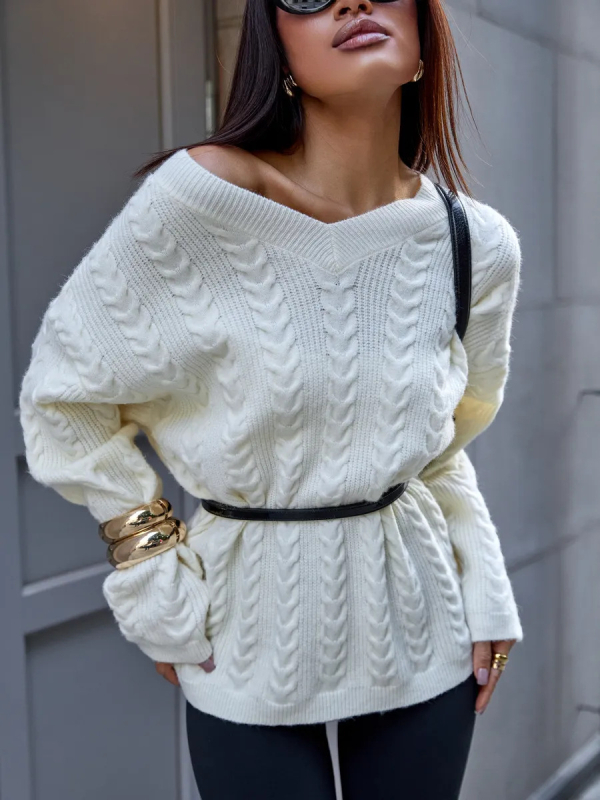 Női V-nyakú oversized pulóver, őszi-téli laza fazon