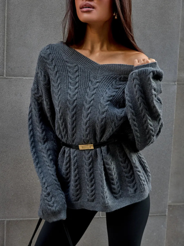 Női V-nyakú oversized pulóver, őszi-téli laza fazon