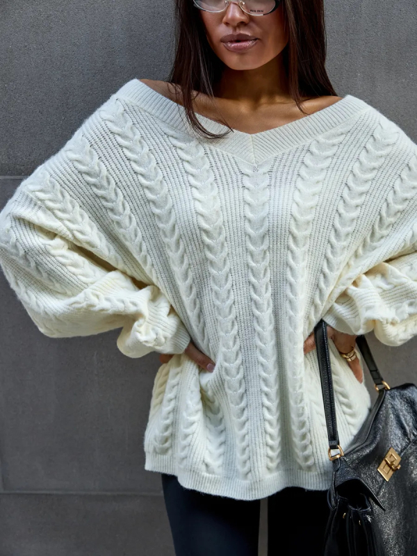 Női V-nyakú oversized pulóver, őszi-téli laza fazon