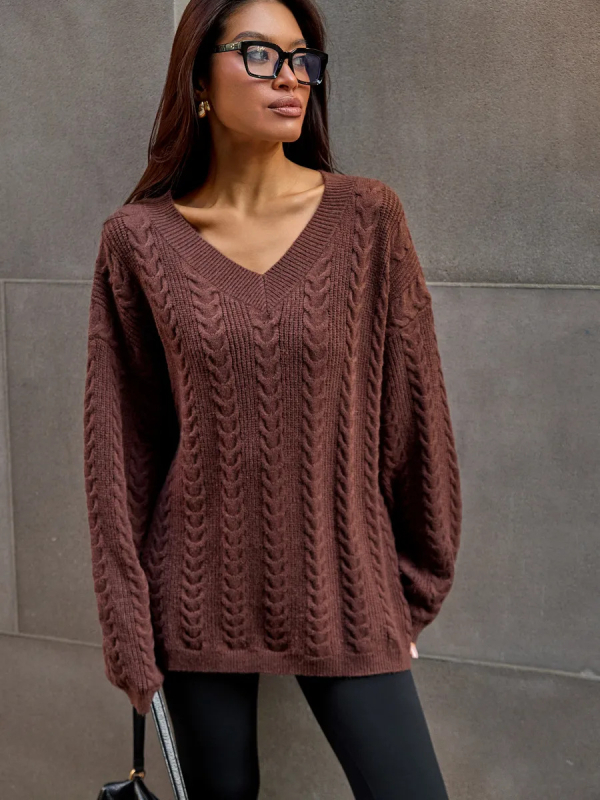 Női V-nyakú oversized pulóver, őszi-téli laza fazon