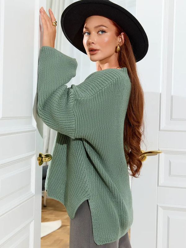 Női oversized kötött pulóver V-nyakú, laza szabás, plusz méret