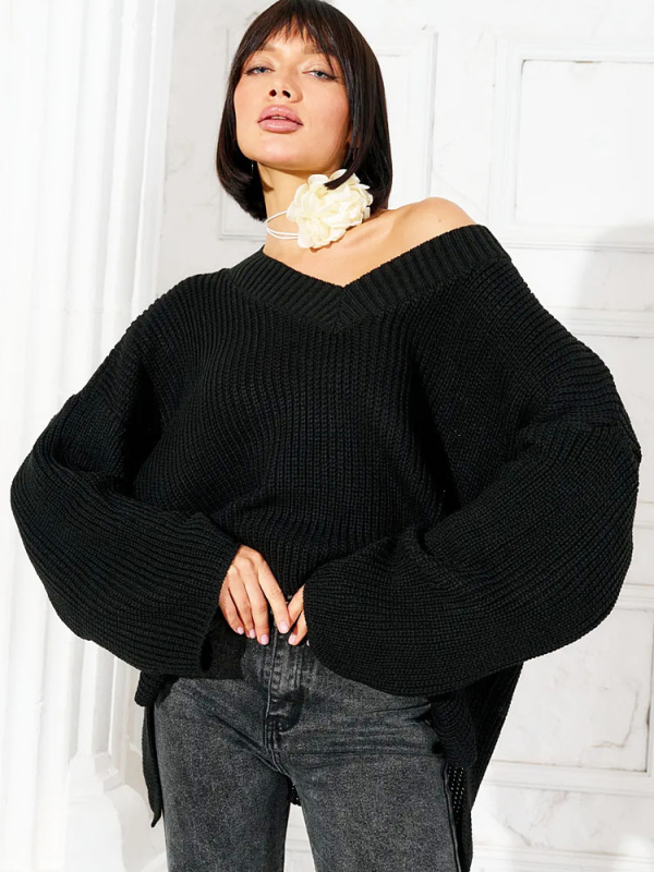 Női oversized kötött pulóver V-nyakú, laza szabás, plusz méret