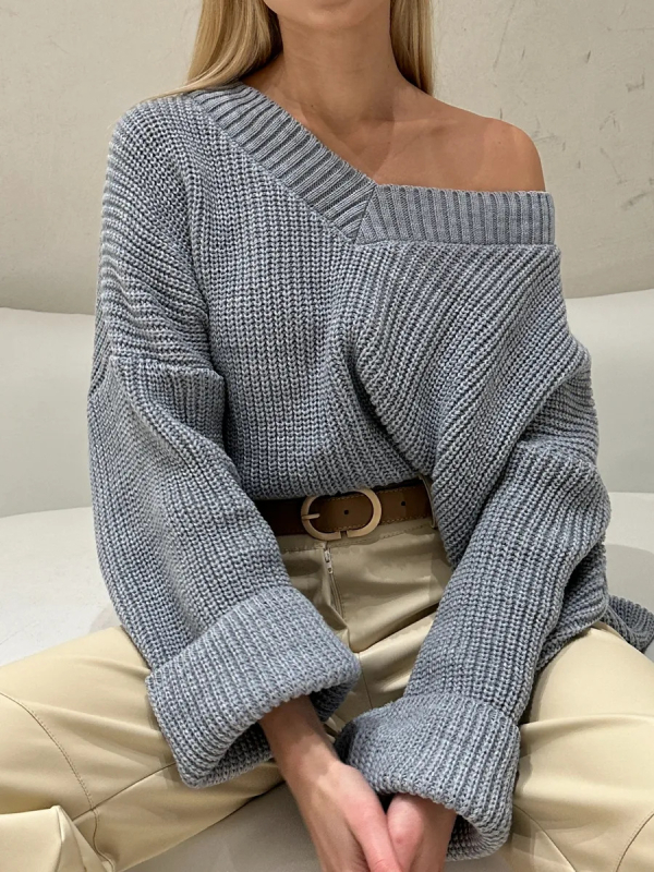 Női oversized kötött pulóver V-nyakú, laza szabás, plusz méret