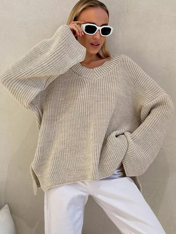 Női oversized kötött pulóver V-nyakú, laza szabás, plusz méret