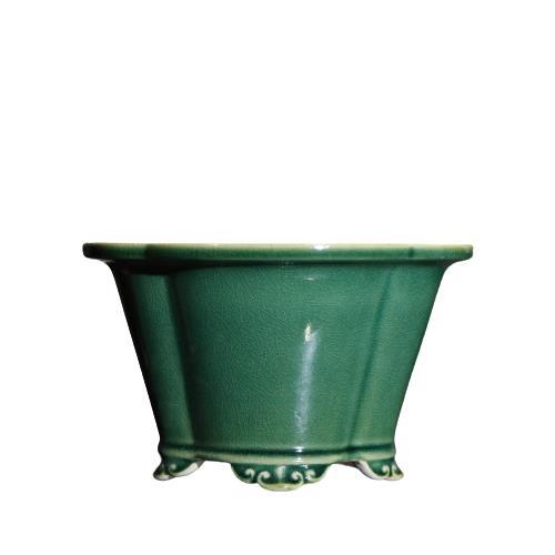Ghiveci ceramic bonsai din lut purpuriu, în formă de begonie, glazură albastru-închis alb antic cu fisuri