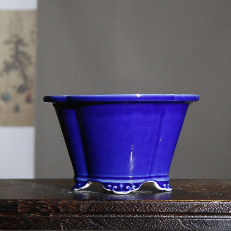 Ghiveci ceramic bonsai din lut purpuriu, în formă de begonie, glazură albastru-închis alb antic cu fisuri