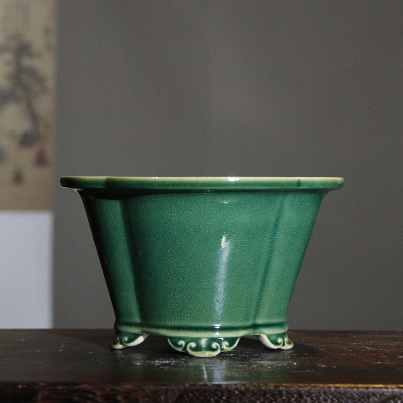 Ghiveci ceramic bonsai din lut purpuriu, în formă de begonie, glazură albastru-închis alb antic cu fisuri