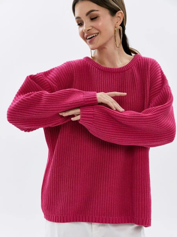 Női oversized kapucnis kötött pulóver, lazán szabott felső, kerek nyak, hosszú ujjú, vastag kötés