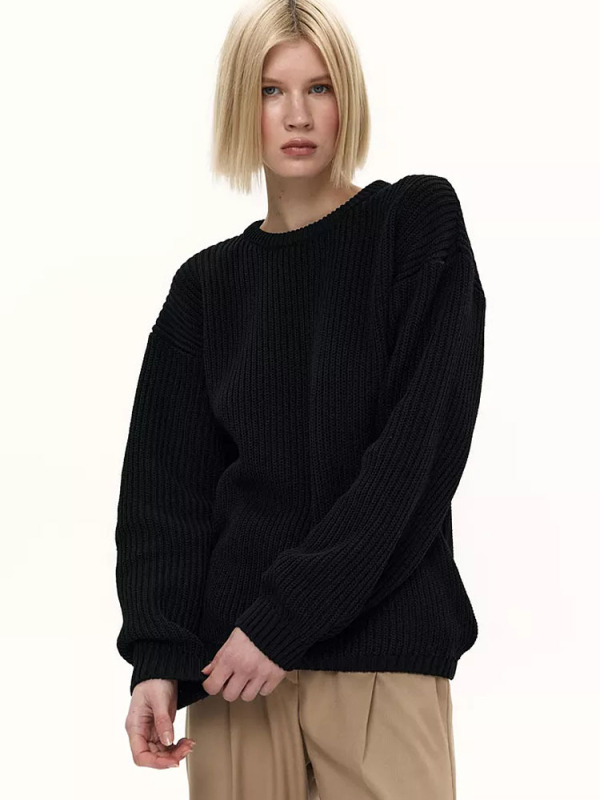 Női oversized kapucnis kötött pulóver, lazán szabott felső, kerek nyak, hosszú ujjú, vastag kötés