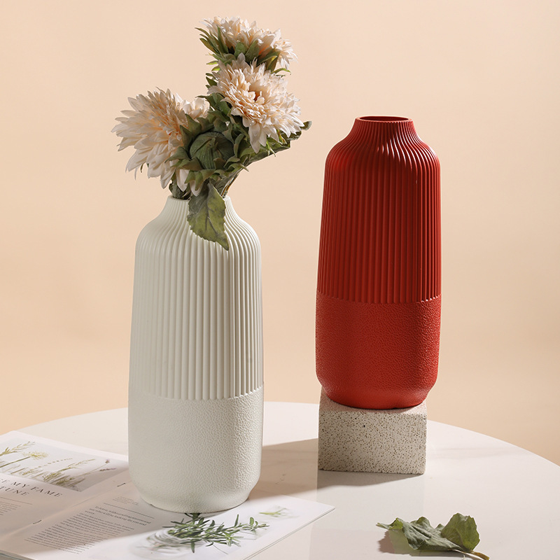 Vază simplă din plastic pentru flori uscate și proaspete, stil nordic minimalist, vază decorativă cu finisaj imitație de glazură, rezistentă la cădere