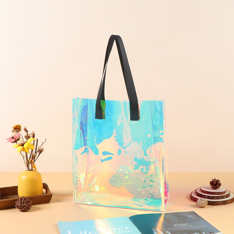 Geantă tote transparentă din PVC, tăiată cu laser, personalizabilă ca suvenir cadou, cu mâner