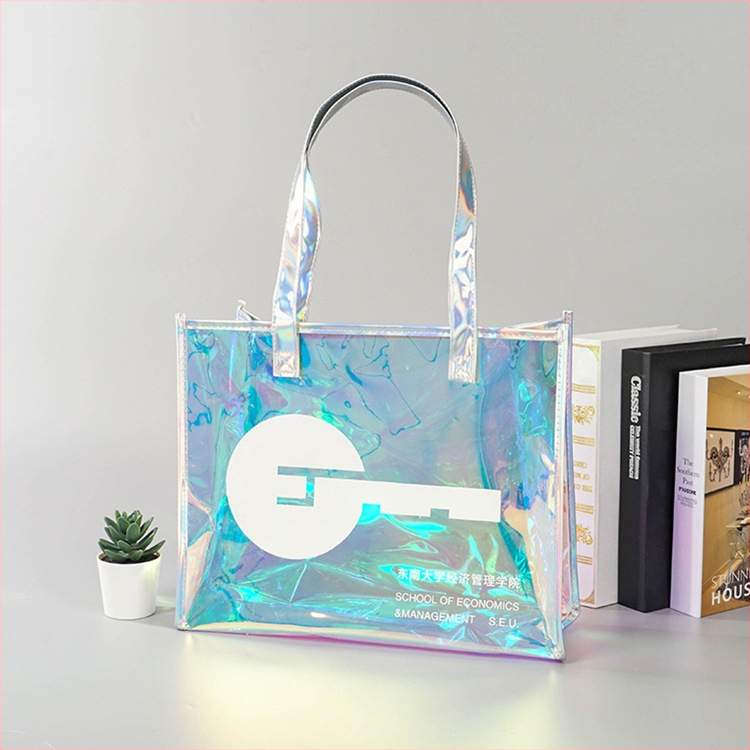Geantă din PVC irizantă, transparentă, stil jelly, personalizabilă, cu husă TPU colorată pentru machiaj