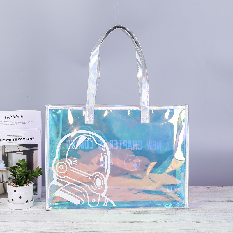 Geantă din PVC irizantă, transparentă, stil jelly, personalizabilă, cu husă TPU colorată pentru machiaj