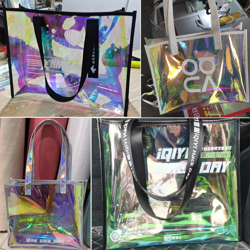 Geantă din PVC irizantă, transparentă, stil jelly, personalizabilă, cu husă TPU colorată pentru machiaj