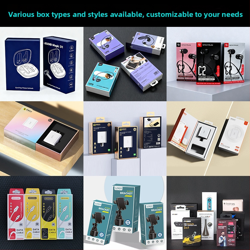 Cutie de ambalaj 3C personalizată cu design și imprimare, cârlige pentru căști și cablu de încărcare, cutie tip sertar, hârtie specială, carton argintiu-alb