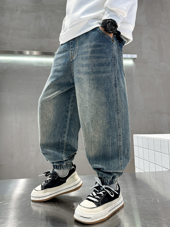 Fiúknak szóló denim jogger nadrág, tavasz-ősz 2026, nagyobb gyermekeknek, magas derekú, sportos hosszú nadrág