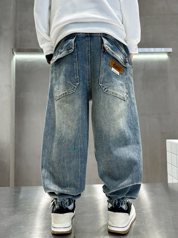 Fiúknak szóló denim jogger nadrág, tavasz-ősz 2026, nagyobb gyermekeknek, magas derekú, sportos hosszú nadrág