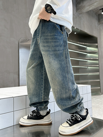 Fiúknak szóló denim jogger nadrág, tavasz-ősz 2026, nagyobb gyermekeknek, magas derekú, sportos hosszú nadrág