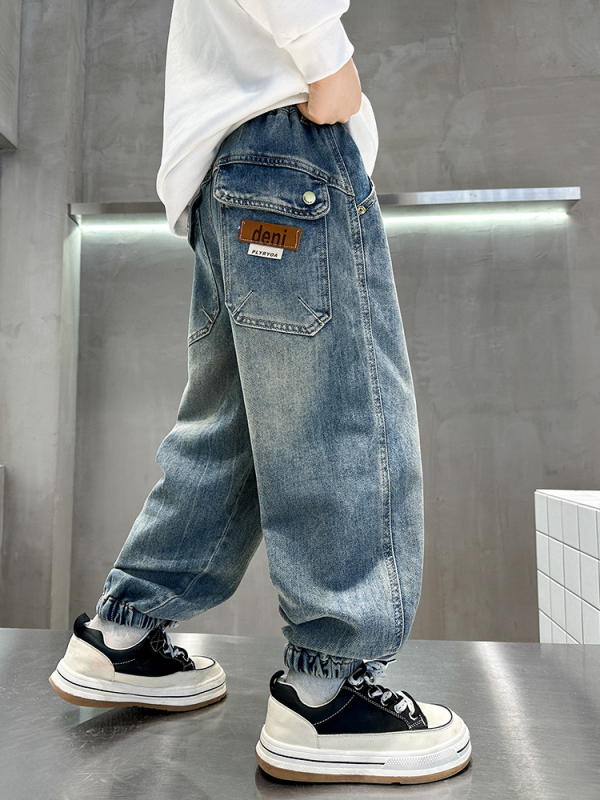 Fiúknak szóló denim jogger nadrág, tavasz-ősz 2026, nagyobb gyermekeknek, magas derekú, sportos hosszú nadrág