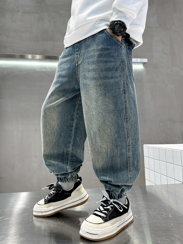 Fiúknak szóló denim jogger nadrág, tavasz-ősz 2026, nagyobb gyermekeknek, magas derekú, sportos hosszú nadrág