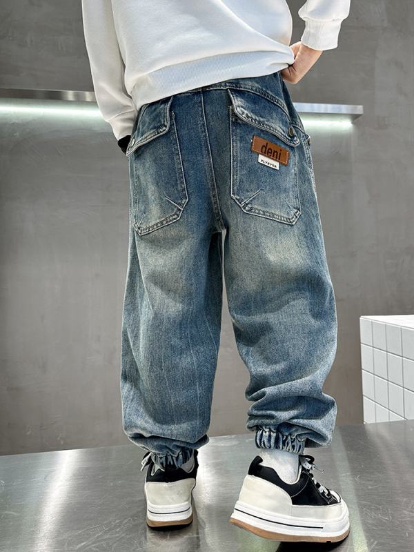 Fiúknak szóló denim jogger nadrág, tavasz-ősz 2026, nagyobb gyermekeknek, magas derekú, sportos hosszú nadrág