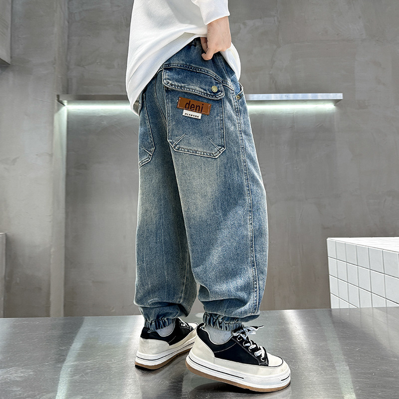 Fiúknak szóló denim jogger nadrág, tavasz-ősz 2026, nagyobb gyermekeknek, magas derekú, sportos hosszú nadrág