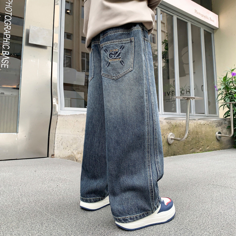Fiúknak szóló denim jogger nadrág, tavasz-ősz 2026, nagyobb gyermekeknek, magas derekú, sportos hosszú nadrág