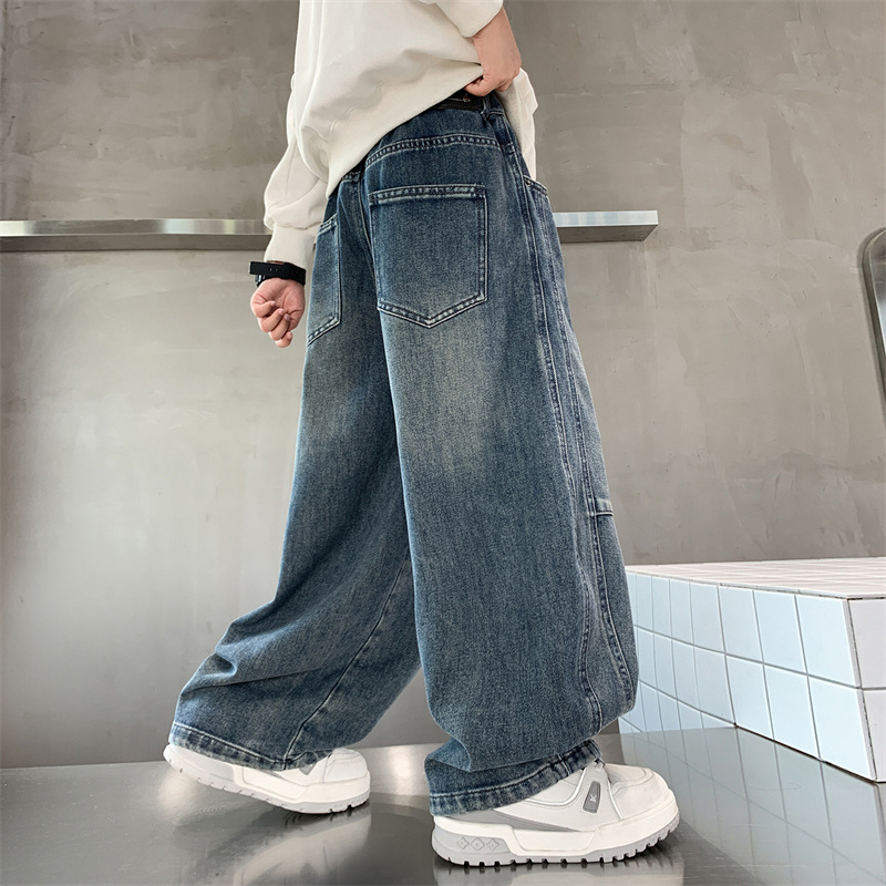 Fiúknak szóló denim jogger nadrág, tavasz-ősz 2026, nagyobb gyermekeknek, magas derekú, sportos hosszú nadrág