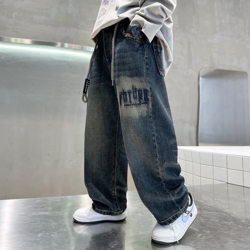 Fiúknak szóló denim jogger nadrág, tavasz-ősz 2026, nagyobb gyermekeknek, magas derekú, sportos hosszú nadrág