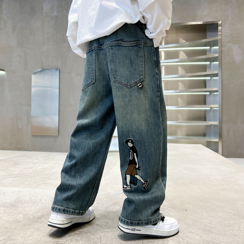 Fiúknak szóló denim jogger nadrág, tavasz-ősz 2026, nagyobb gyermekeknek, magas derekú, sportos hosszú nadrág