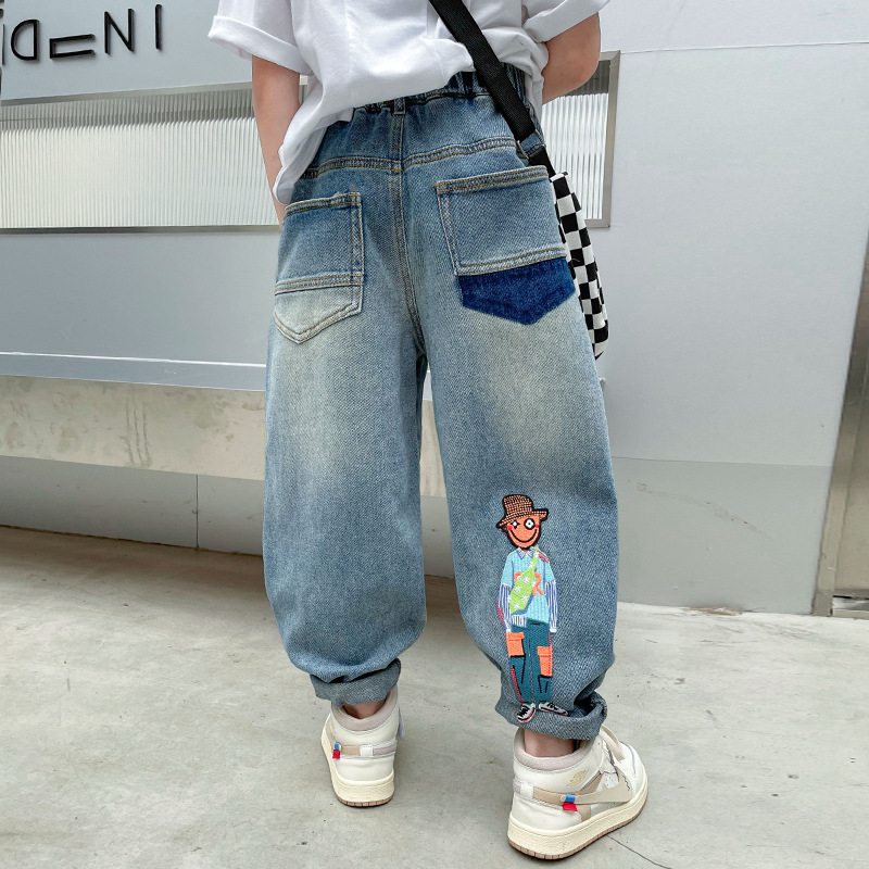 Fiúknak szóló denim jogger nadrág, tavasz-ősz 2026, nagyobb gyermekeknek, magas derekú, sportos hosszú nadrág