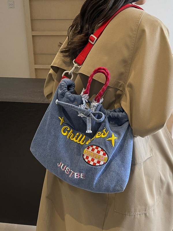 Ženska denim torba preko ramena – srednje veličine, zatvarač, unutarnja džep s zatvaračem, poliester podstava, gradski minimalistički stil, jesen