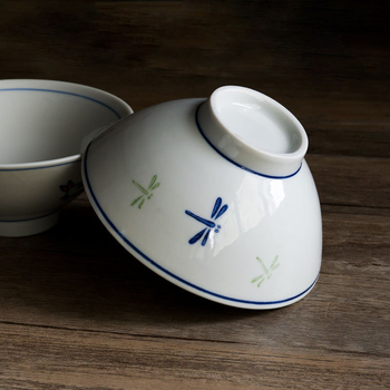 Vas de orez din porțelan, stil japonez, cu motiv iepuraș, diametru 12–12,9 cm, albastru și alb, design caricatură