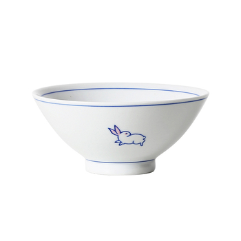 Vas de orez din porțelan, stil japonez, cu motiv iepuraș, diametru 12–12,9 cm, albastru și alb, design caricatură