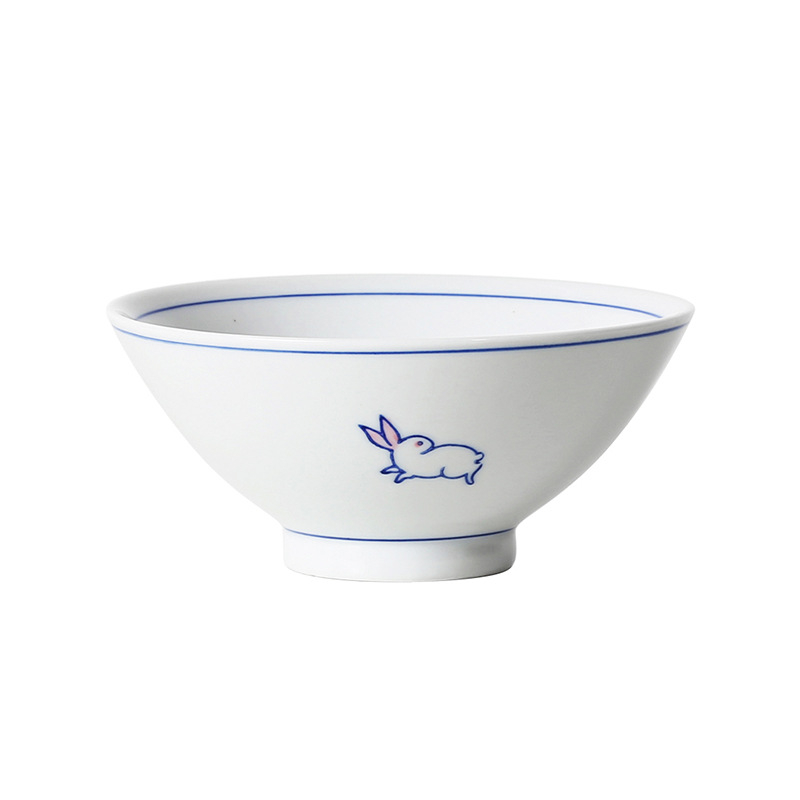 Vas de orez din porțelan, stil japonez, cu motiv iepuraș, diametru 12–12,9 cm, albastru și alb, design caricatură