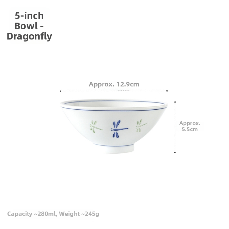Vas de orez din porțelan, stil japonez, cu motiv iepuraș, diametru 12–12,9 cm, albastru și alb, design caricatură