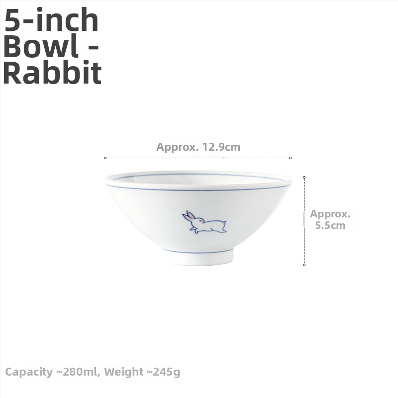Vas de orez din porțelan, stil japonez, cu motiv iepuraș, diametru 12–12,9 cm, albastru și alb, design caricatură