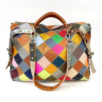 Ženska torbica od prave kože, velika zapremina, šaren patchwork dizajn, na ramenu ili crossbody