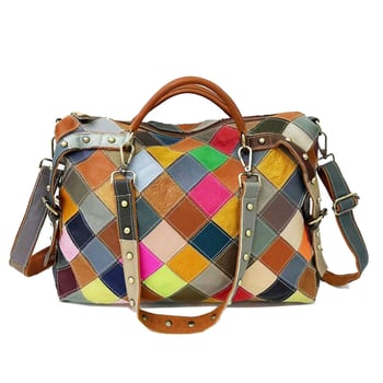 Ženska torbica od prave kože, velika zapremina, šaren patchwork dizajn, na ramenu ili crossbody