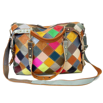 Ženska torbica od prave kože, velika zapremina, šaren patchwork dizajn, na ramenu ili crossbody